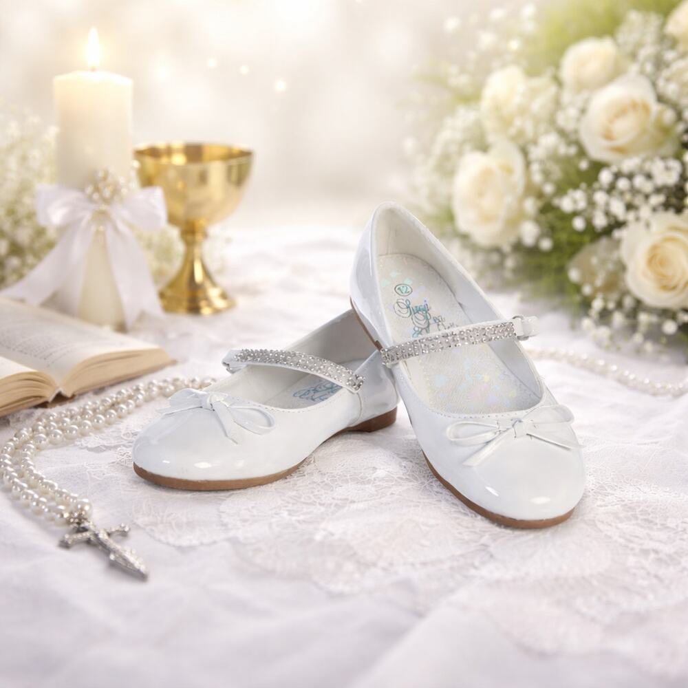 NEW Girl's Communion Dress Shoes-White/Patent Flat Shoe-Rhinestone Strap-Size 9T